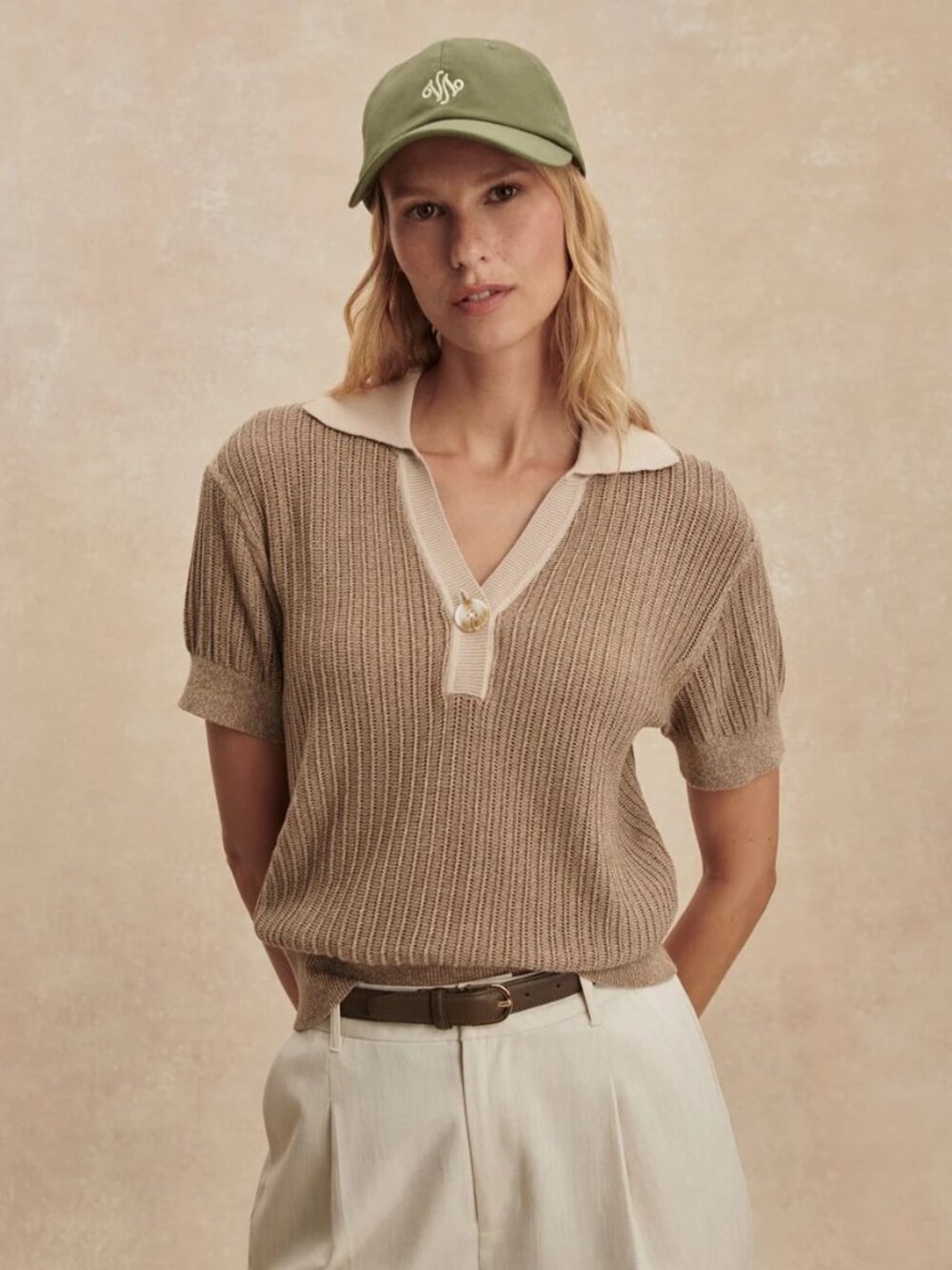 Varley Women's Size S Perrine Knit Polo, 100% Cotton Pointelle